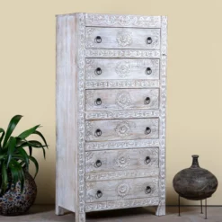 Abhi - Handgesneden Mangohouten Ladenkast Wit