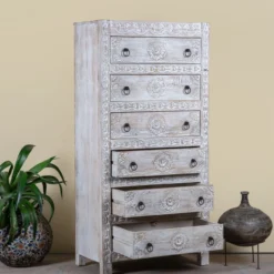 Abhi - Handgesneden Mangohouten Ladenkast Wit