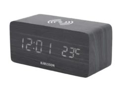 Alarm clock Block w. phone charger LED black veneer, white LED
