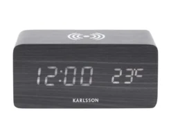 Alarm clock Block w. phone charger LED black veneer, white LED