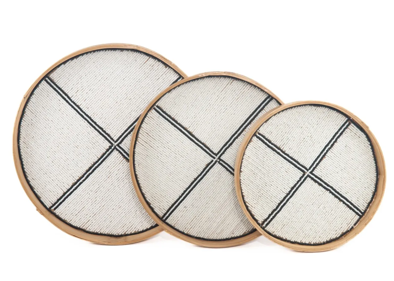 Bamboe kraaltjes dienblad / wanddecoratie wit/zwart L