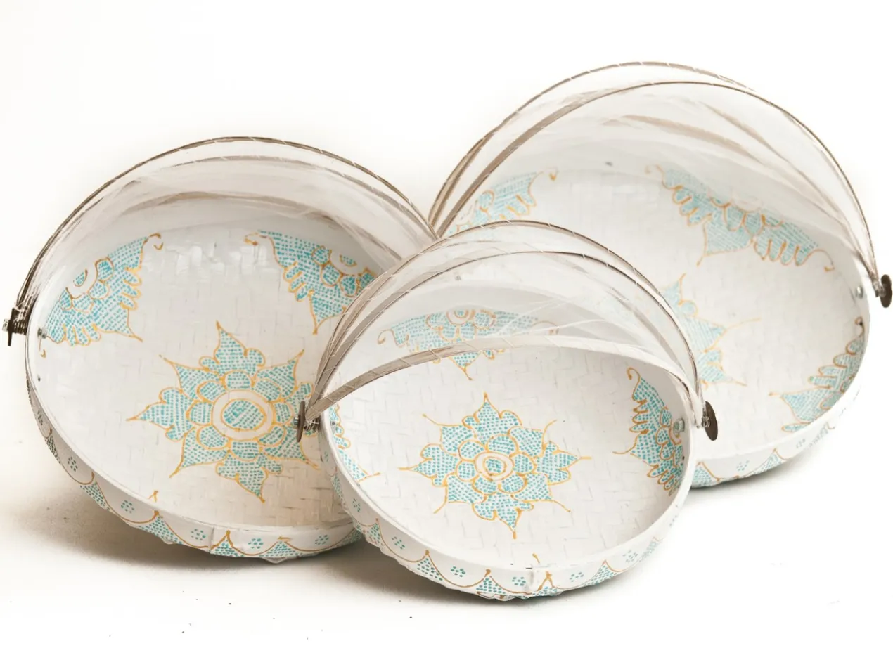Bamboe vliegenmand - wit + turquoise/goud - Large