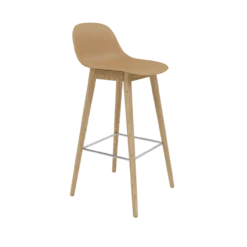 Barkruk Fiber 75 cm met rugleuning en eiken onderstel ochre