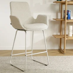 Barkruk Nino-Eef bouclé beige - wit onderstel - 65 cm