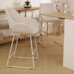 Barkruk Nino-Mae bouclé beige - wit onderstel - 65 cm