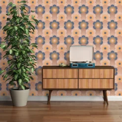 Behang licht gestructureerd met golven en bloemmotieven - beige, bruin, blauw Licht gestructureerd behang met golven en bloemmotieven - beige, bruin, blauw #1