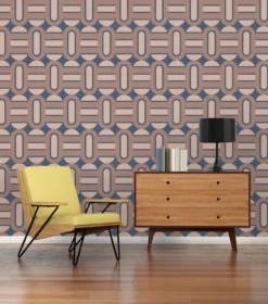 Behang retro versierd met ovalen en balken - blauw, bruin, beige Retro-stijl behang versierd met ovalen en balken - blauw, bruin, beige #1