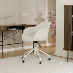 Bureaustoel Nout-Mare bouclé beige - wit onderstel