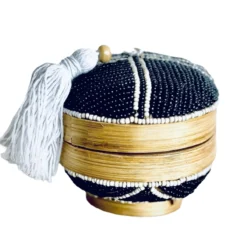 Doosje Bamboe kraaltjes/kwastje zwart met creme randje