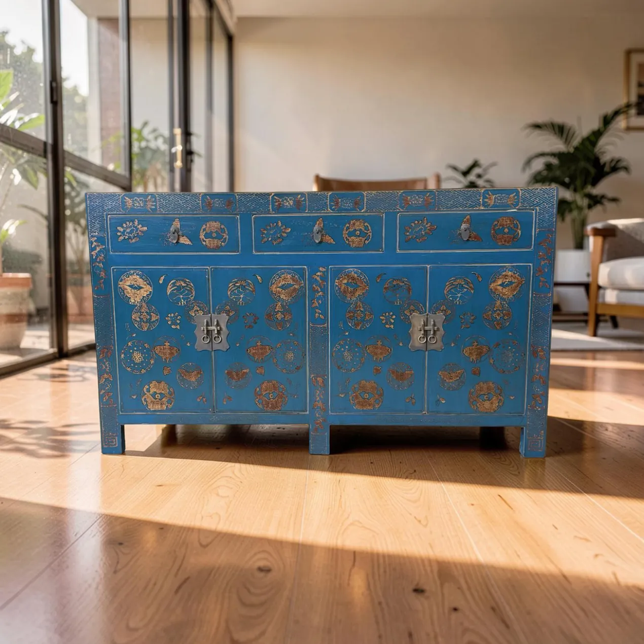 Dressoir blauw uniek mooi schilderwerk