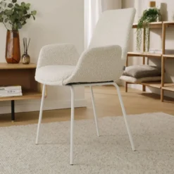 Eetkamerstoel Nora-Eef bouclé beige - wit onderstel