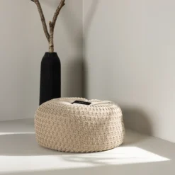 Gevlochten poef Sylvie Beige - Ø 60 cm