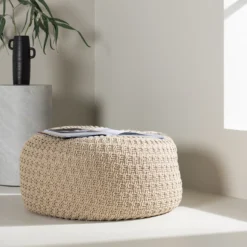 Gevlochten poef Sylvie Beige - Ø 45 cm