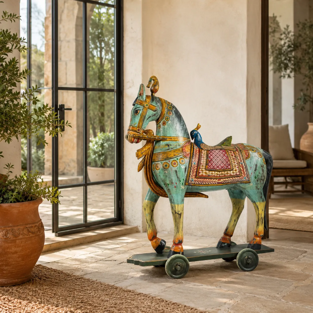 Ghoda - Handbeschilderd Houten Paard op Wielen