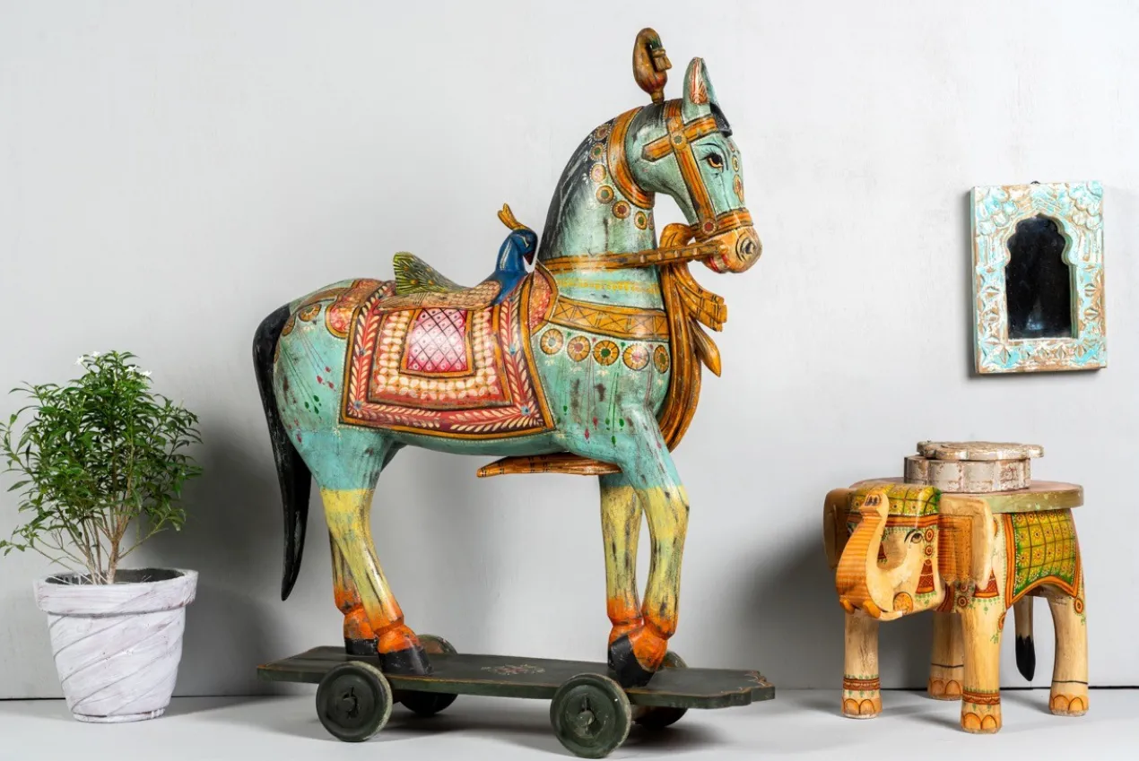 Ghoda - Handbeschilderd Houten Paard op Wielen