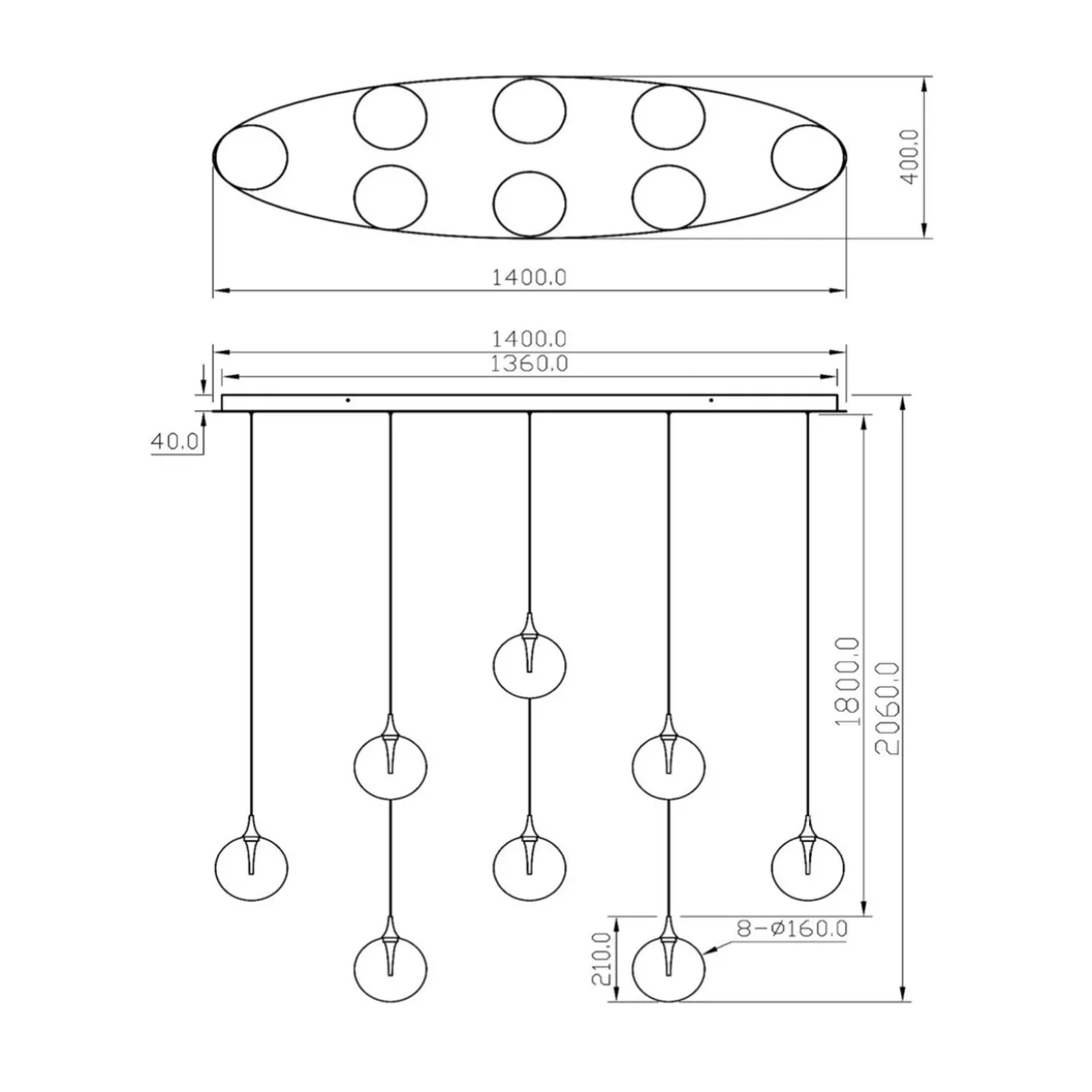 Hanglamp Gisela 8-lichts ovaal amber