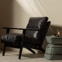 Houston fauteuil leer/hout zwart