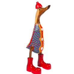 Houten eend kleurrijke stippen rood/blauw