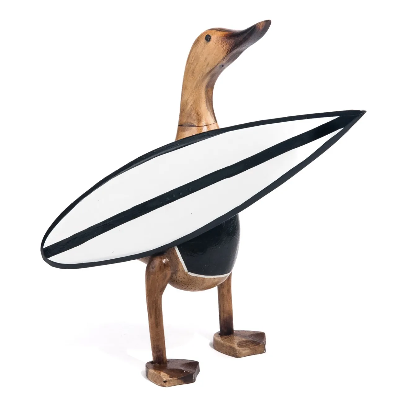 Houten eend surfboard staand
