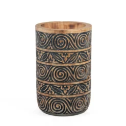Houten handgesneden vaas Tribal natural/zwart Medium