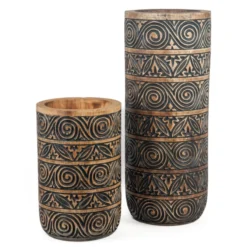 Houten handgesneden vaas Tribal natural/zwart Medium