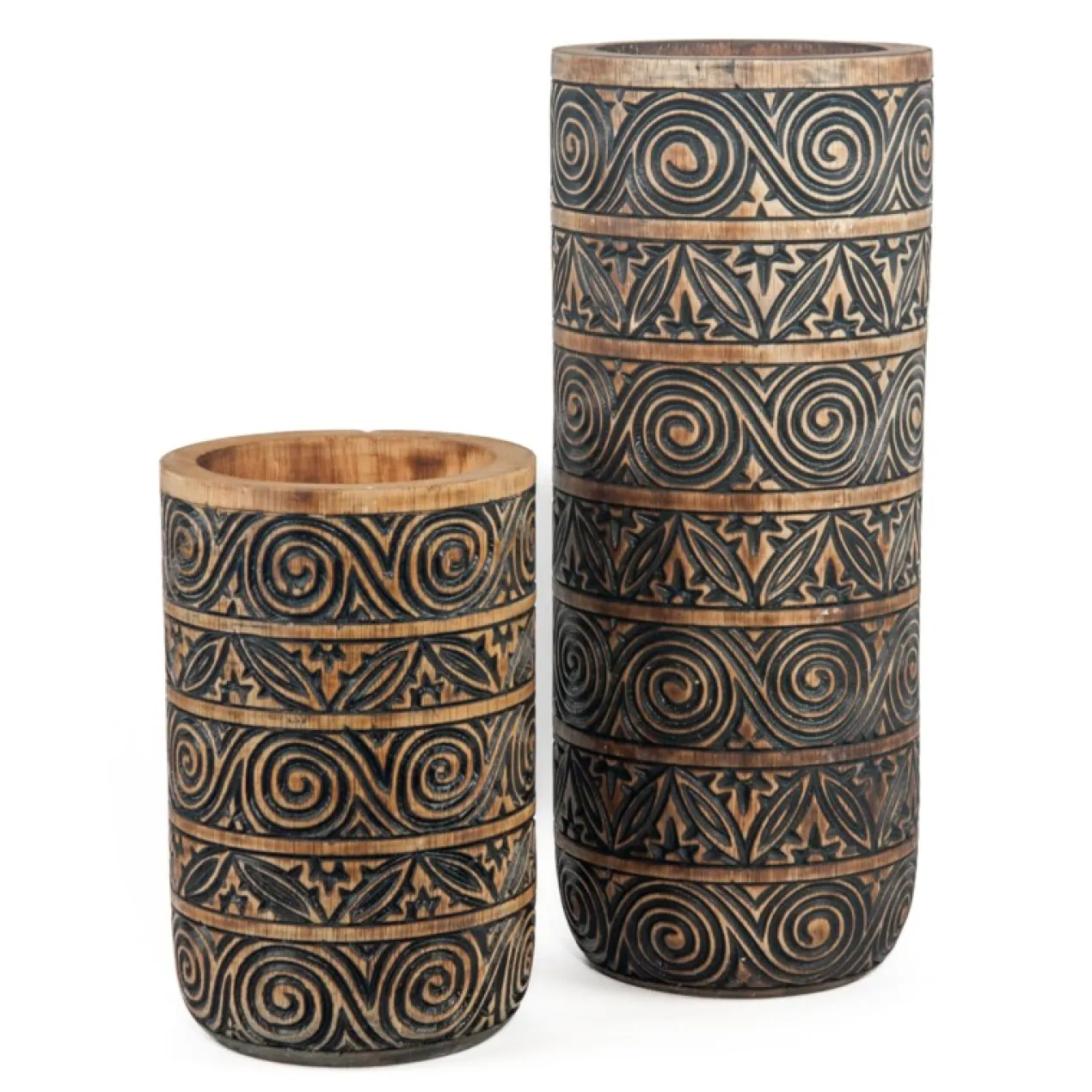 Houten handgesneden vaas Tribal natural/zwart Medium