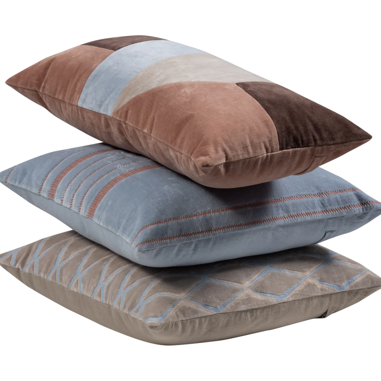 Laon kussens velvet naturel/blauw - set van 3