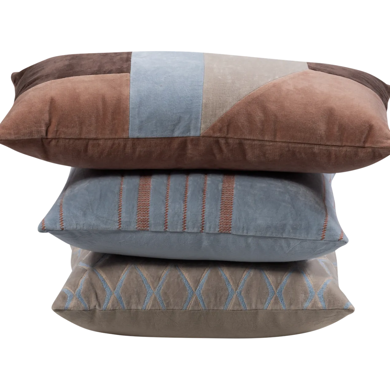 Laon kussens velvet naturel/blauw - set van 3