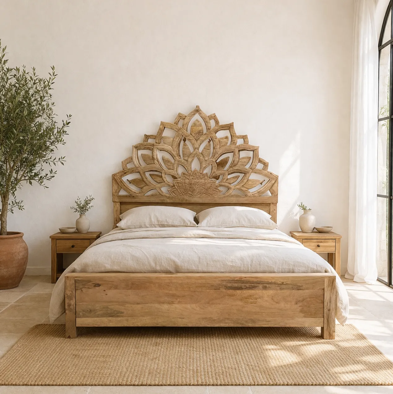 Lotus - Handgesneden Mangohouten Bedframe