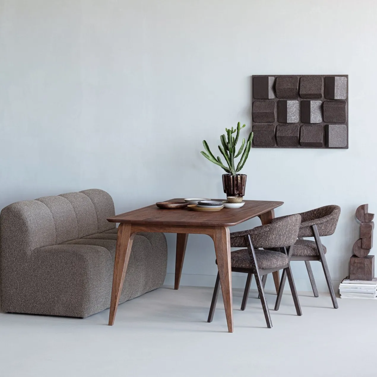 Mojo eetbank 164 cm met rugleuning boucle bruin melange