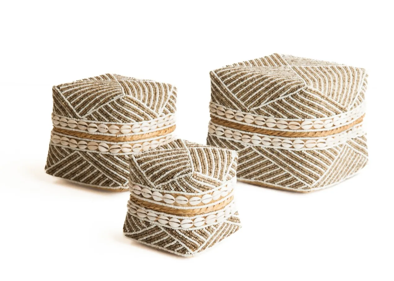 Offermanden kraaltjes / schelpen gestreept - set van 3 Set Offermanden Kraaltjes / Schelpen crème/wit gestreept
