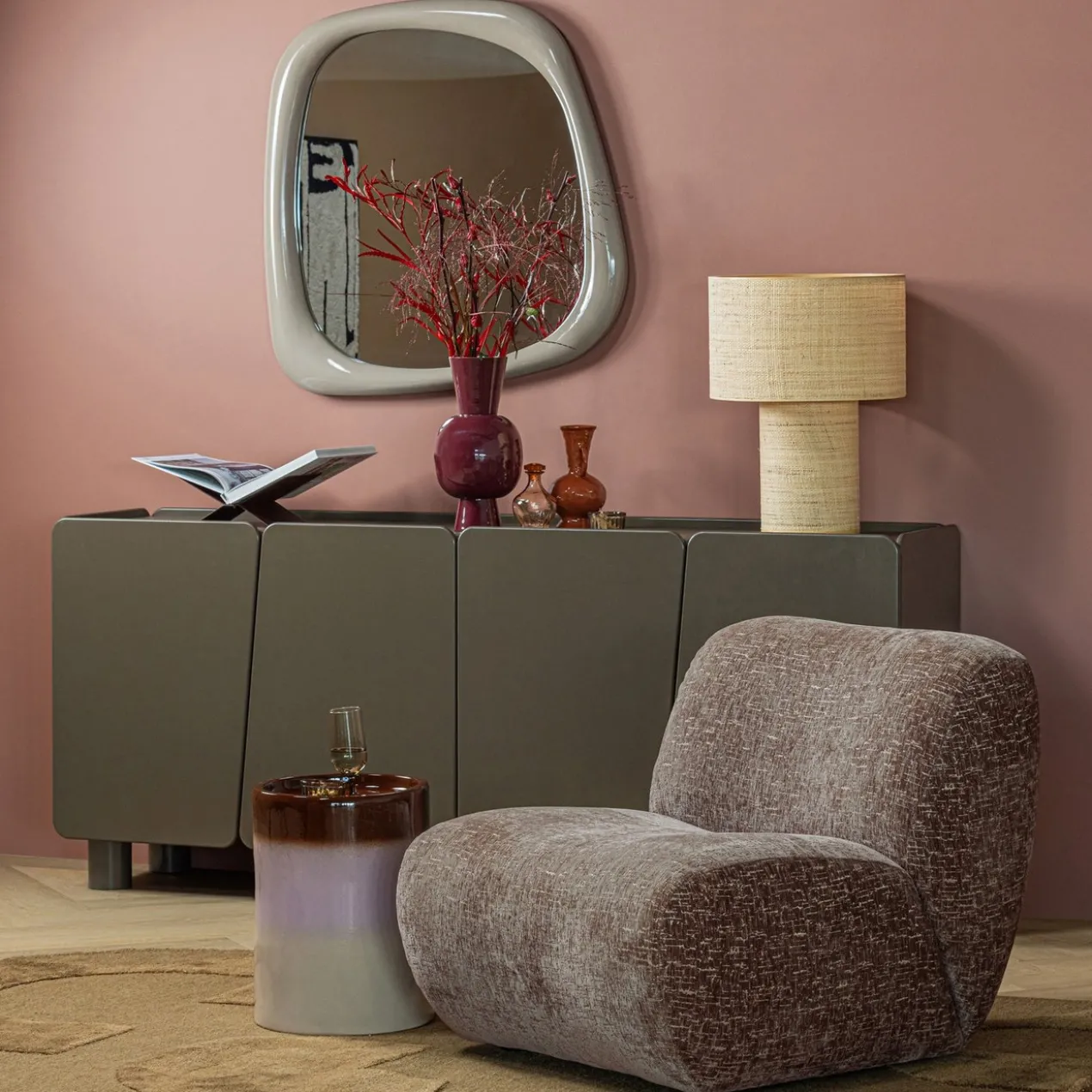 Ollo decoratieve bijzettafel o35x44 cm keramiek roze/bruin