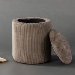 Poef Ilja ribstof- met opbergruimte - Ø 32 cm Lichtbruin