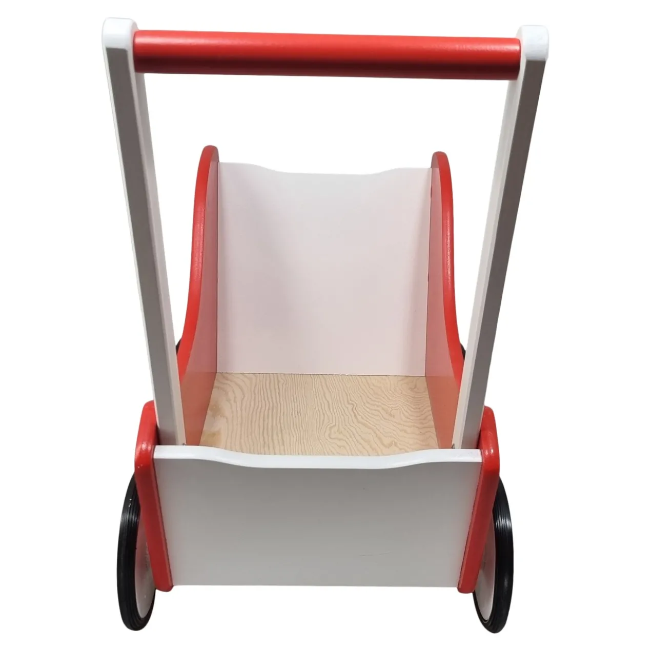 Poppenwagen Hout rood met stippen en witte vlakken