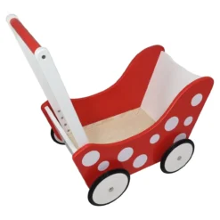 Poppenwagen Hout rood met stippen en witte vlakken