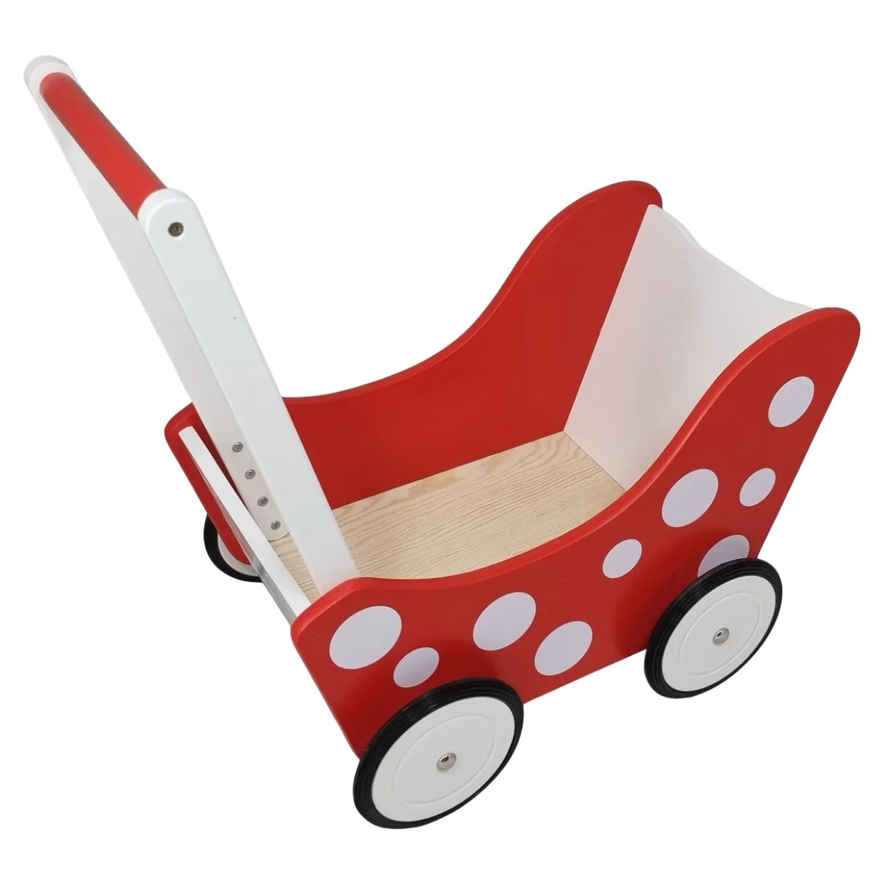 Poppenwagen Hout rood met stippen en witte vlakken