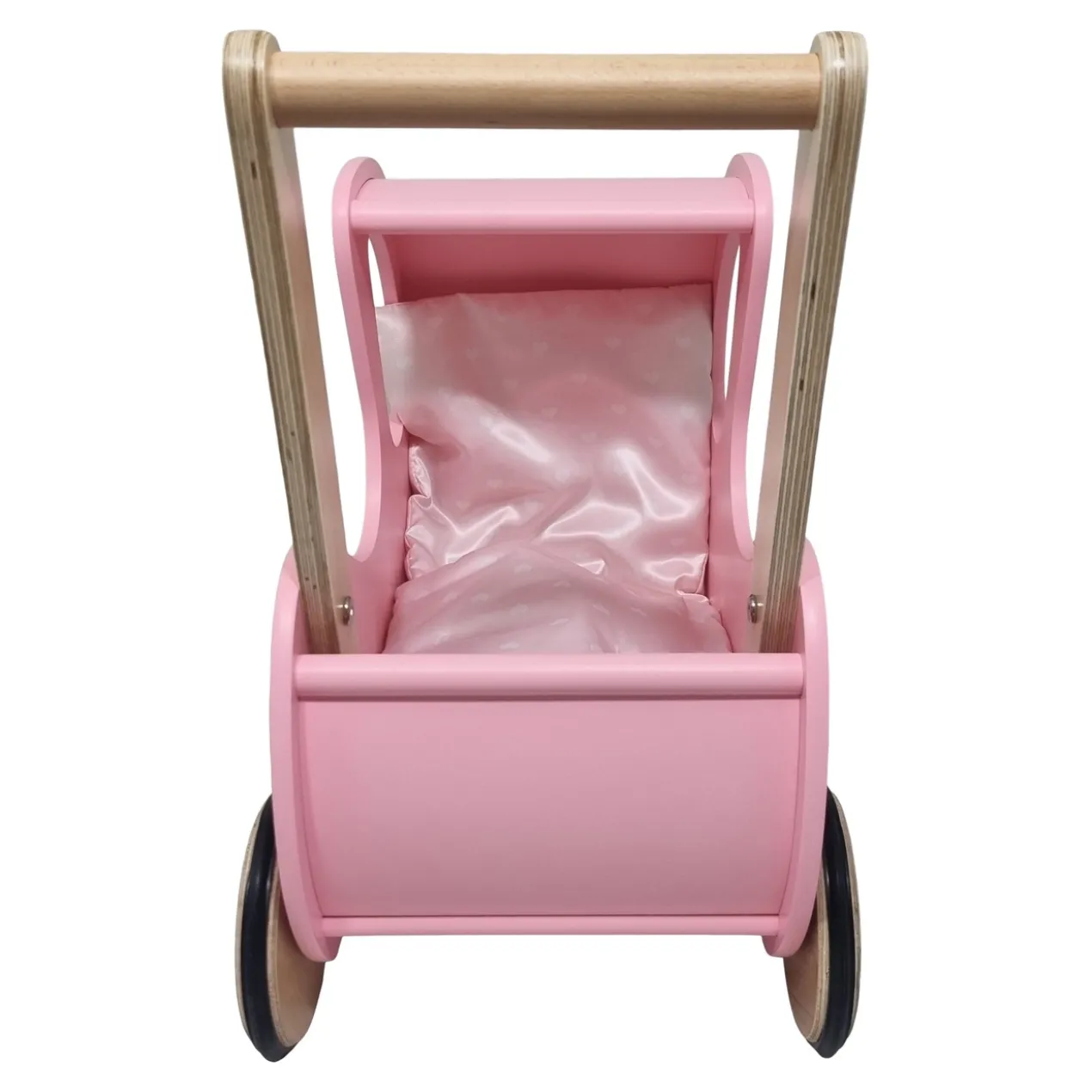 Poppenwagen Hout roze met kap - incl dekje roze wit hart