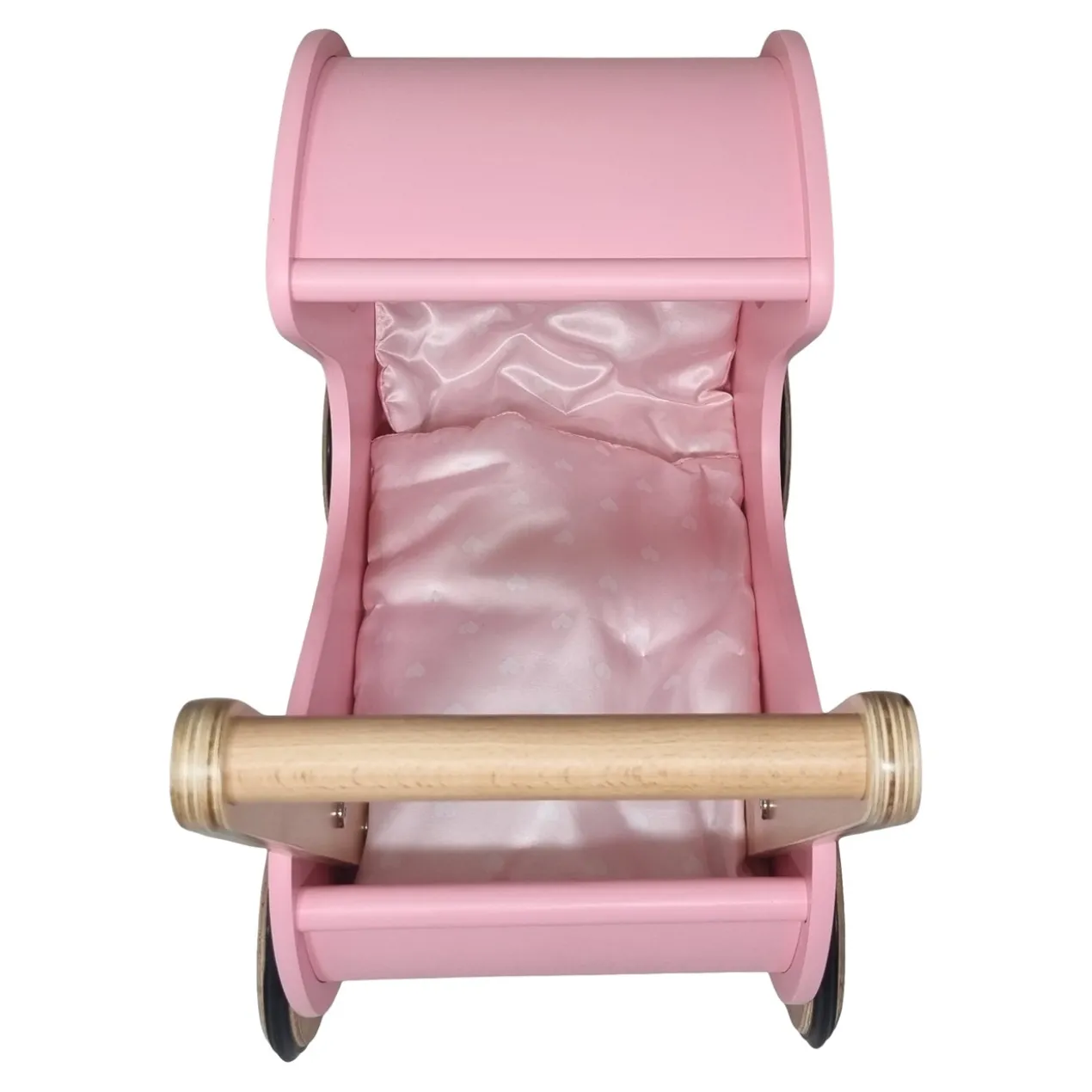 Poppenwagen Hout roze met kap - incl dekje roze wit hart