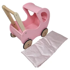 Poppenwagen Hout roze met kap - incl dekje roze wit hart