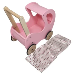 Poppenwagen Hout roze met kap - incl dekje wit roze met hart