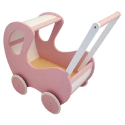 Poppenwagen Hout roze met wit klassiek met kap