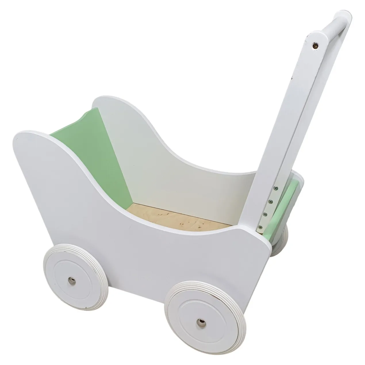 Poppenwagen Hout wit met groen zonder kap