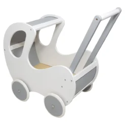 Poppenwagen Hout wit zilver klassiek met kap