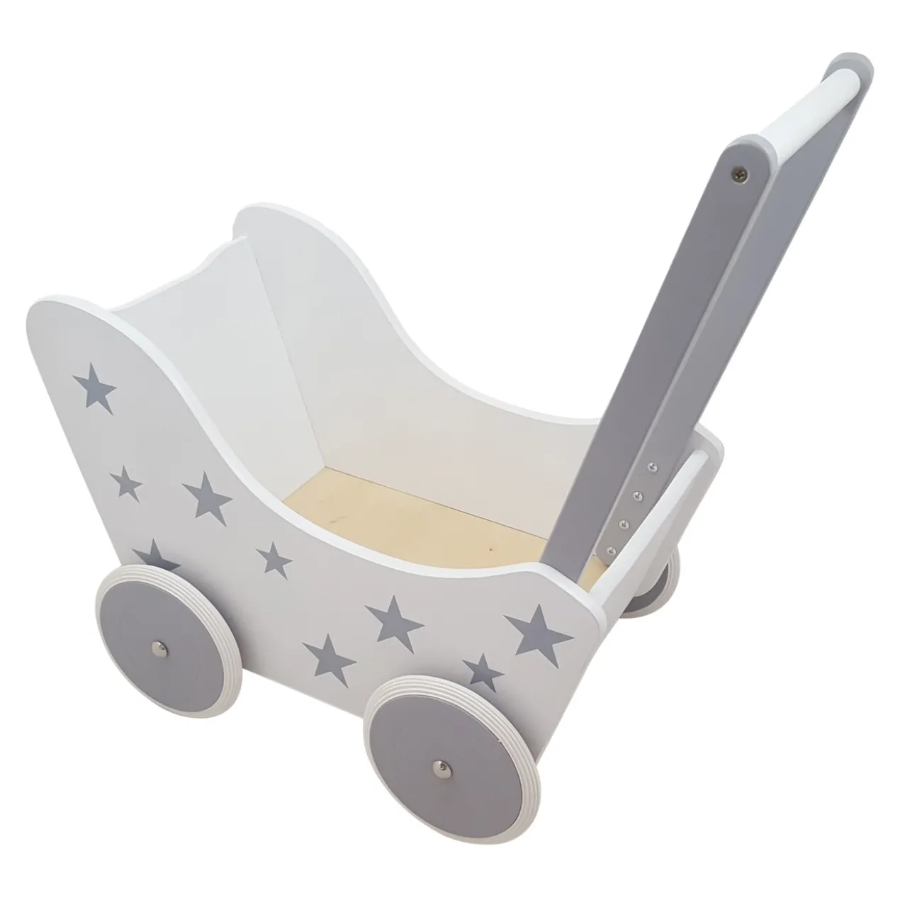 Poppenwagen Hout wit zilver met sterren