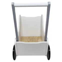 Poppenwagen Hout wit zilver met stippen zwart rubber