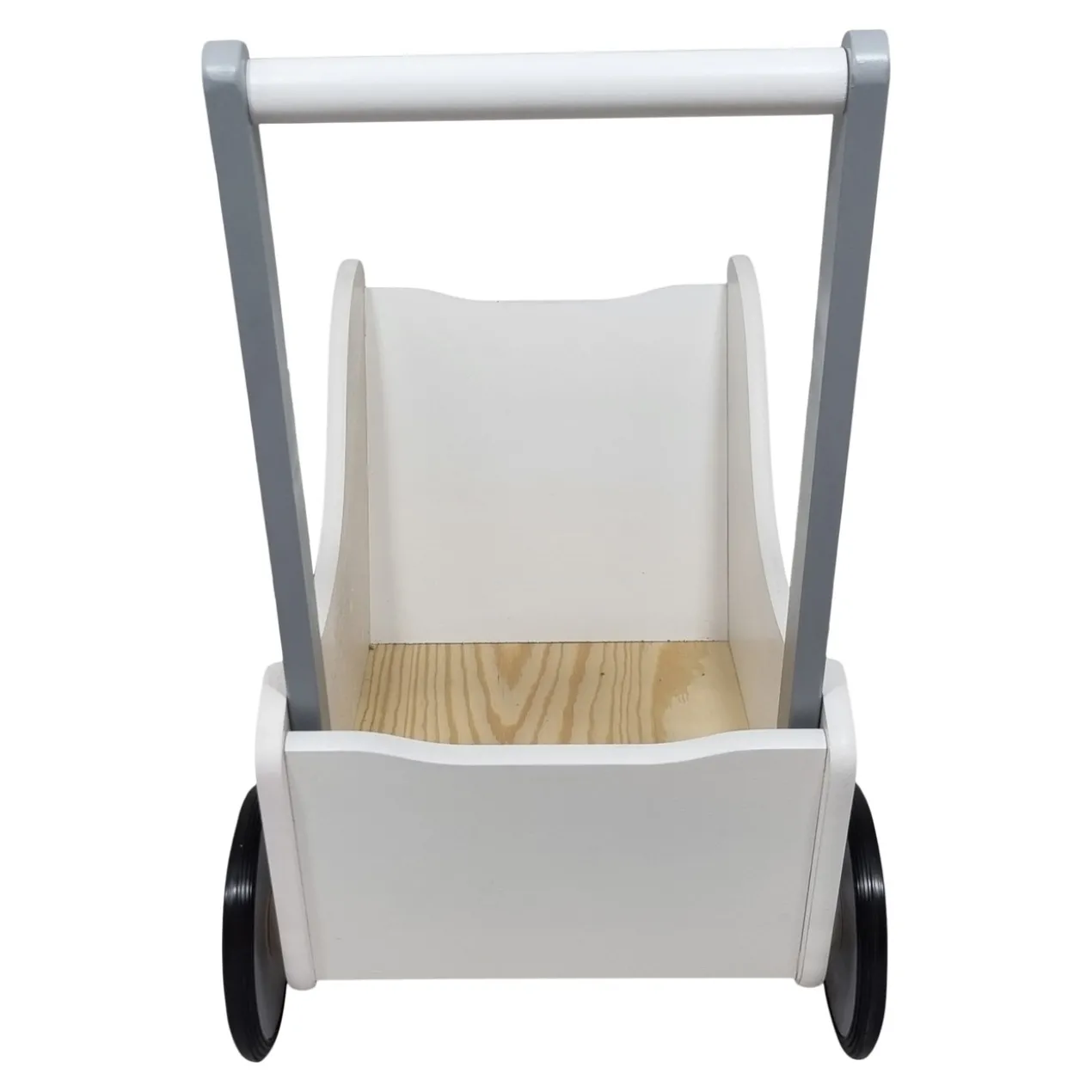 Poppenwagen Hout wit zilver met stippen zwart rubber