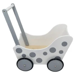 Poppenwagen Hout wit zilver met stippen zwart rubber
