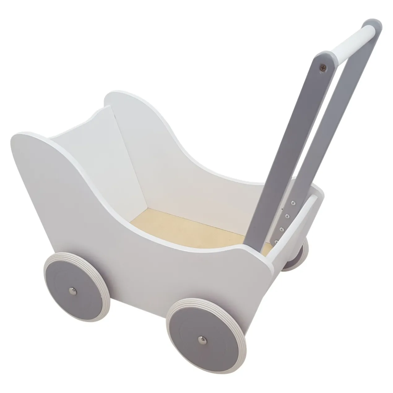 Poppenwagen Hout wit zilver zonder kap