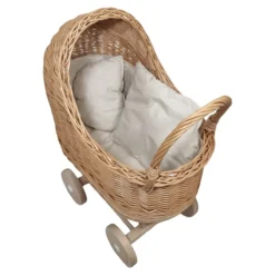 Poppenwagen Riet Crème beige bekleding met kussentjes