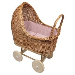 Poppenwagen Riet roze roze bekleding met kussentjes